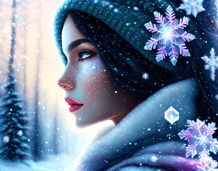 Woman in teal winter attire gazes amidst falling snowflakes