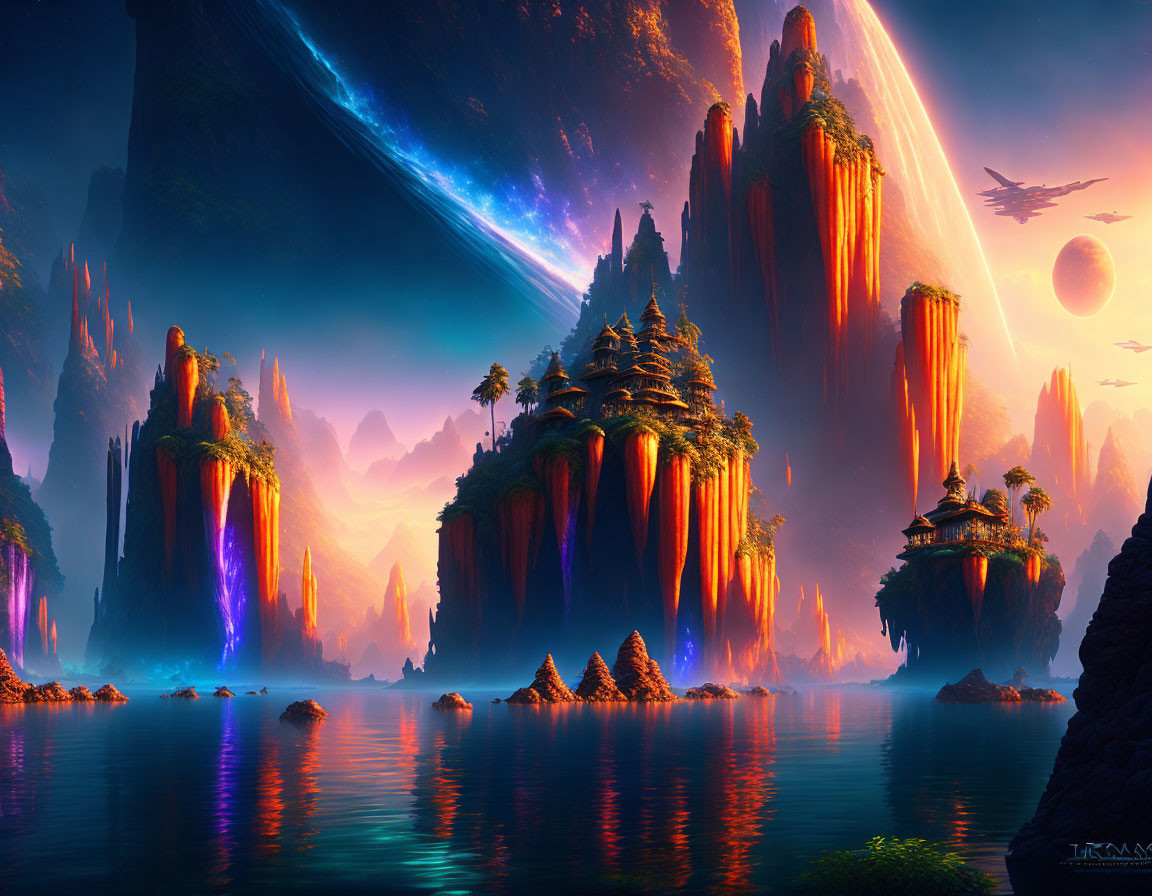 Surreal landscape with lava waterfalls and comet sky