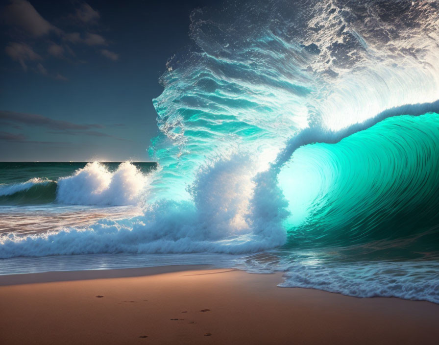 Turquoise Wave Curling with White Foam on Serene Beach