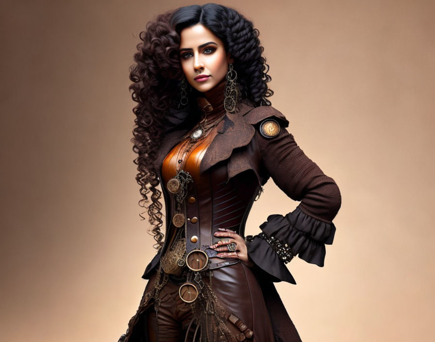 Victorian-inspired steampunk outfit with corset and puff-sleeved jacket