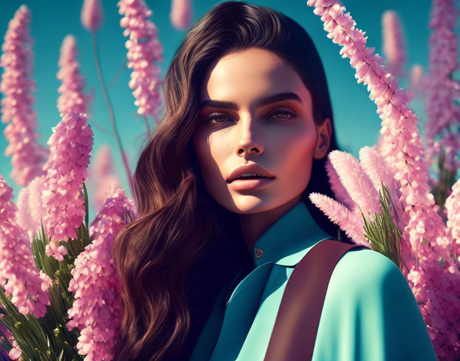 Woman with Long Brown Hair in Blue Outfit Surrounded by Pink Flowers