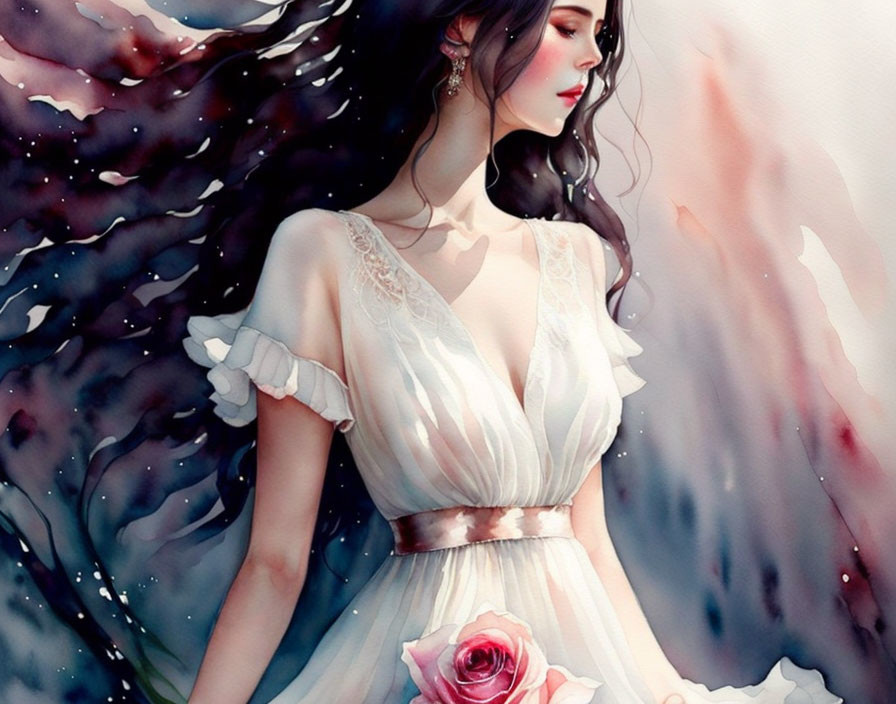 Illustrated woman in white dress with rose on soft watercolor backdrop