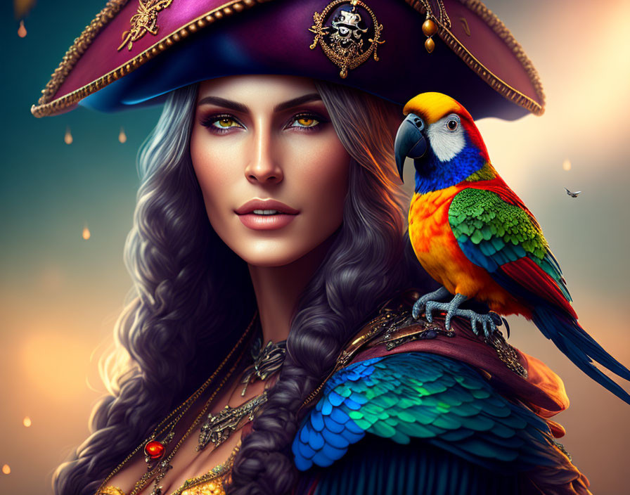 Digital artwork: Woman with silver hair & pirate hat, macaw on shoulder, dusky sky