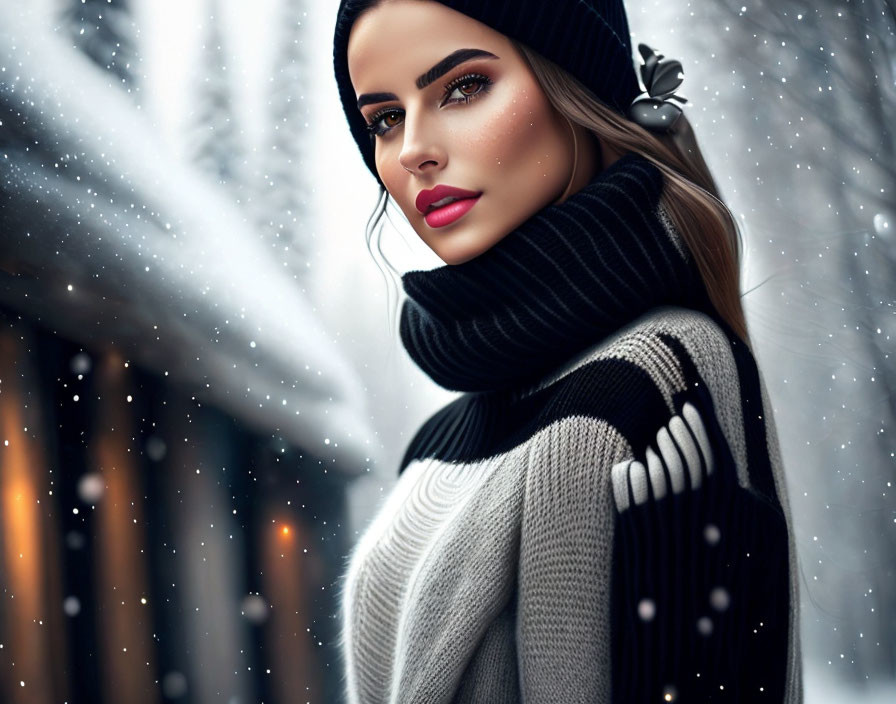 Woman in Striking Makeup in Snowy Scene