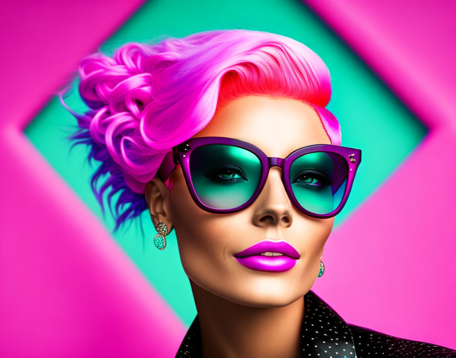 Portrait of woman with pink and blonde hair in teal sunglasses on pink and green background