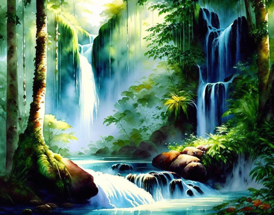 Serene waterfall painting with lush greenery and sunlight