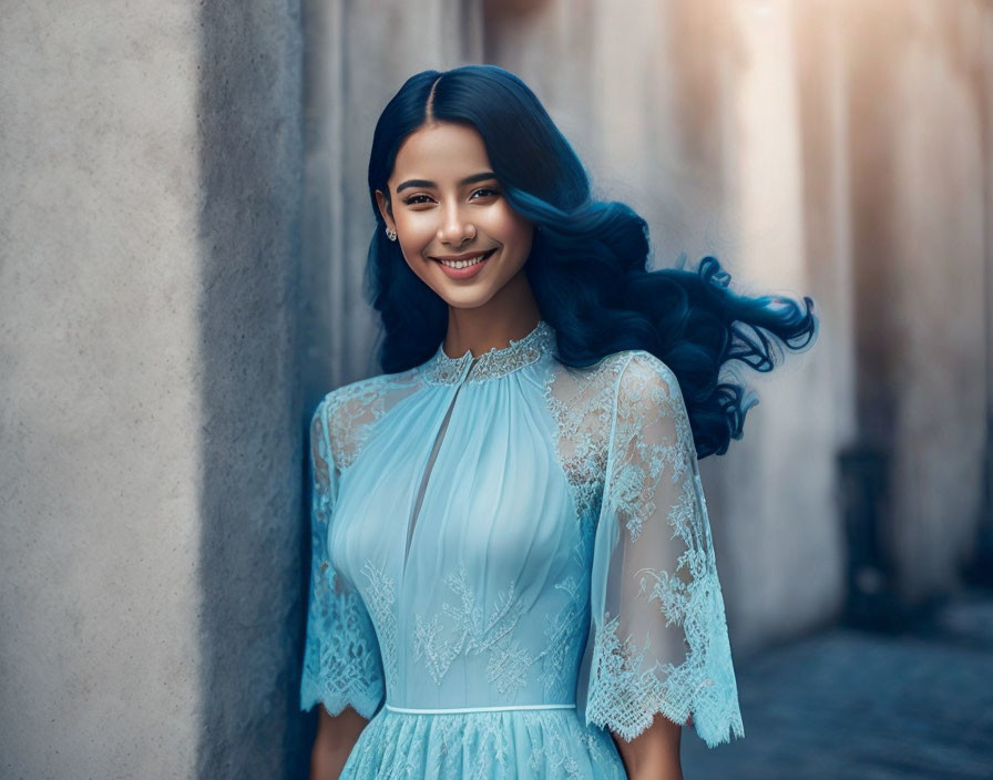 Smiling woman with blue wavy hair in sky-blue dress against urban backdrop