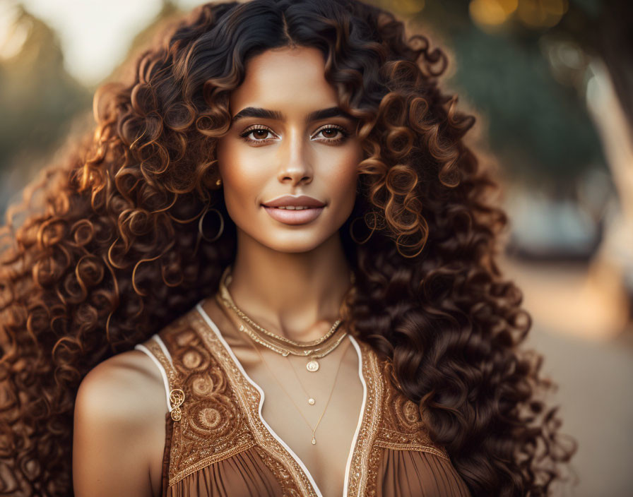 Curly-haired woman in brown lace dress and gold jewelry on blurred background