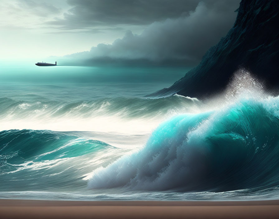 Seascape with lone ship, cliffs, cresting wave, dramatic sky