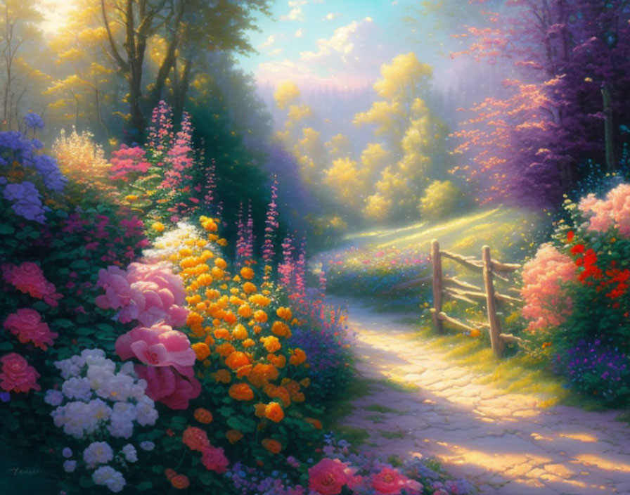 Colorful Flower Garden Path with Sunlit Forest View