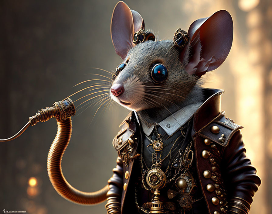 Steampunk-themed anthropomorphic mouse with goggles and brass telescope