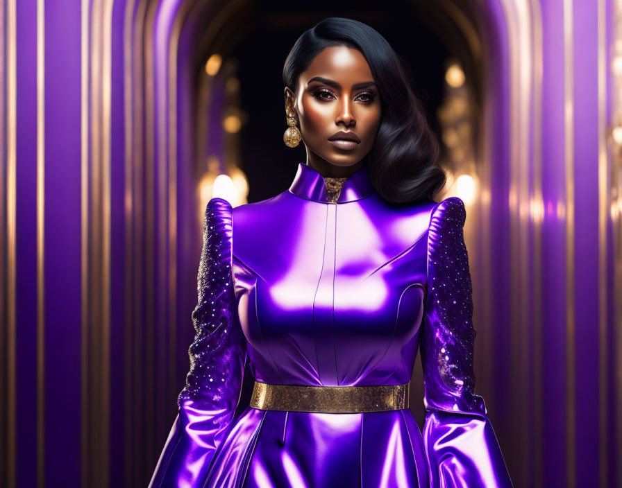 Woman in Purple Gown with Puffed Sleeves and Gold Belt in Golden Corridor