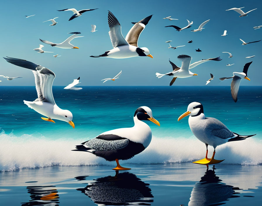 Seagulls flying and standing by the sea under clear blue sky