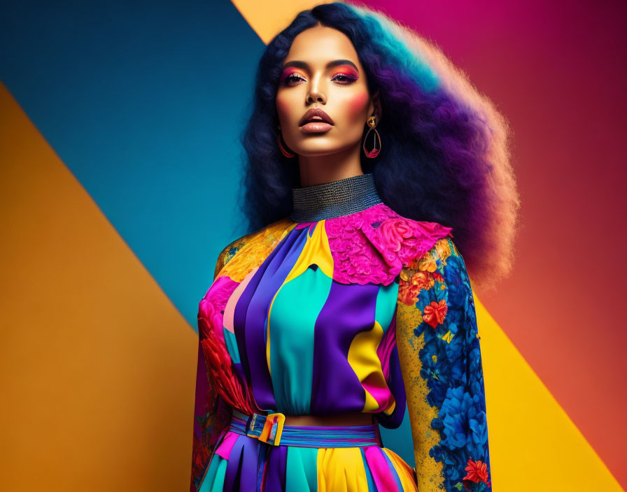 Voluminous curly hair and bold makeup on confident woman in colorful dress against geometric background