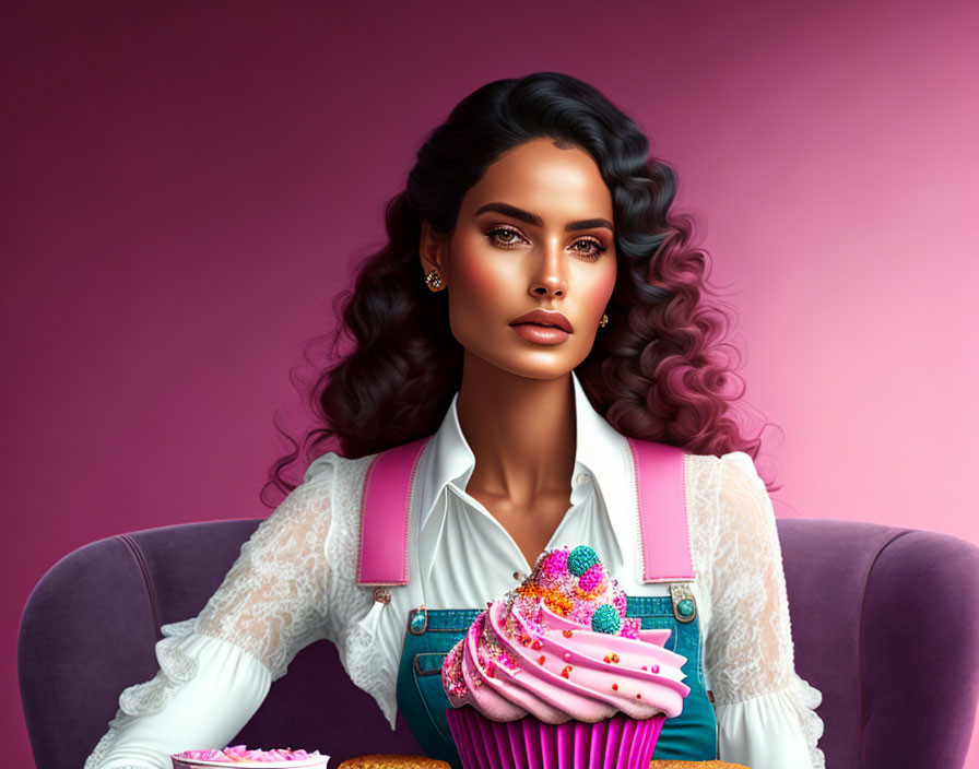 Digital artwork of woman with wavy hair holding cupcake on pink background