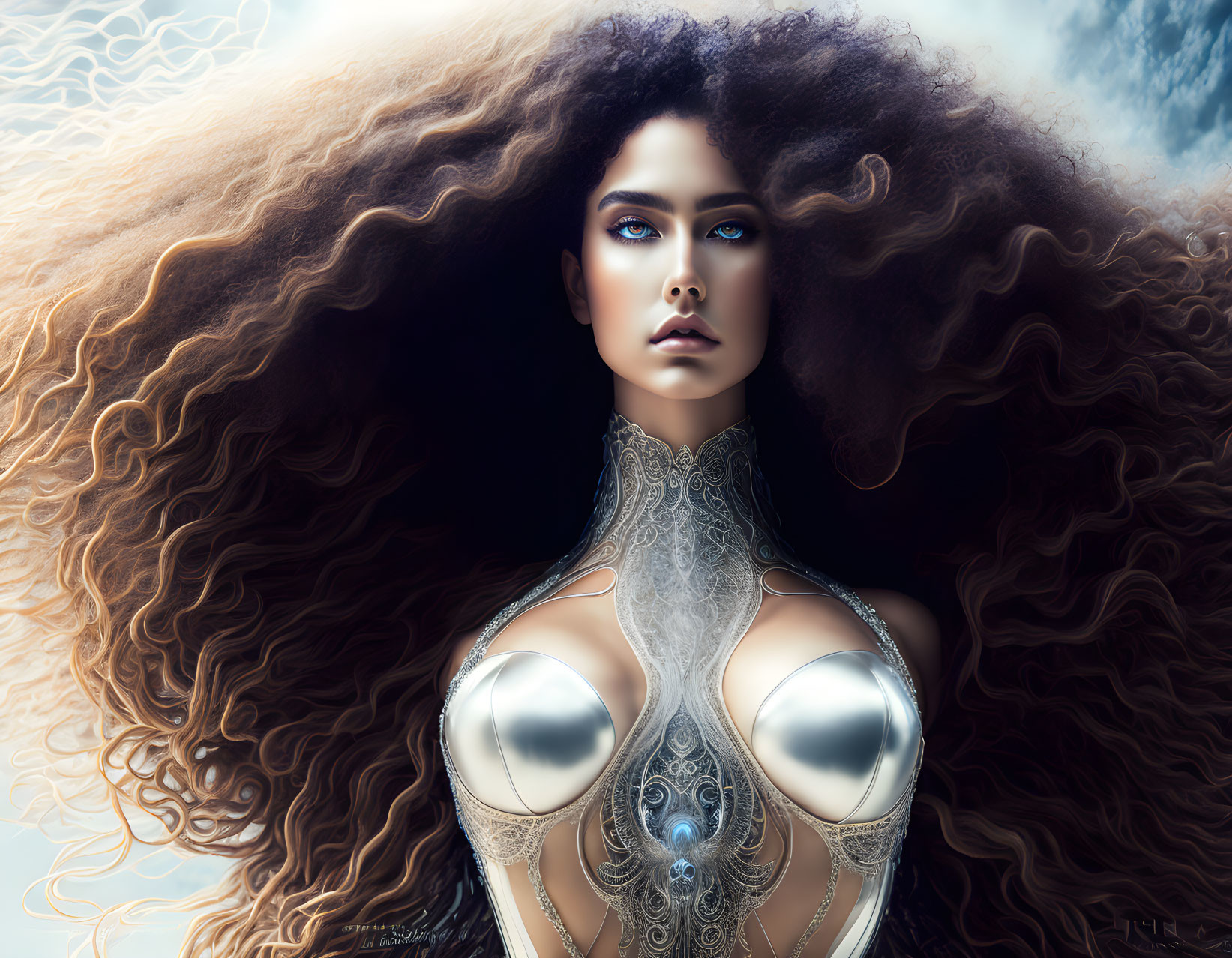 Portrait of woman with voluminous curly hair and metallic adornments