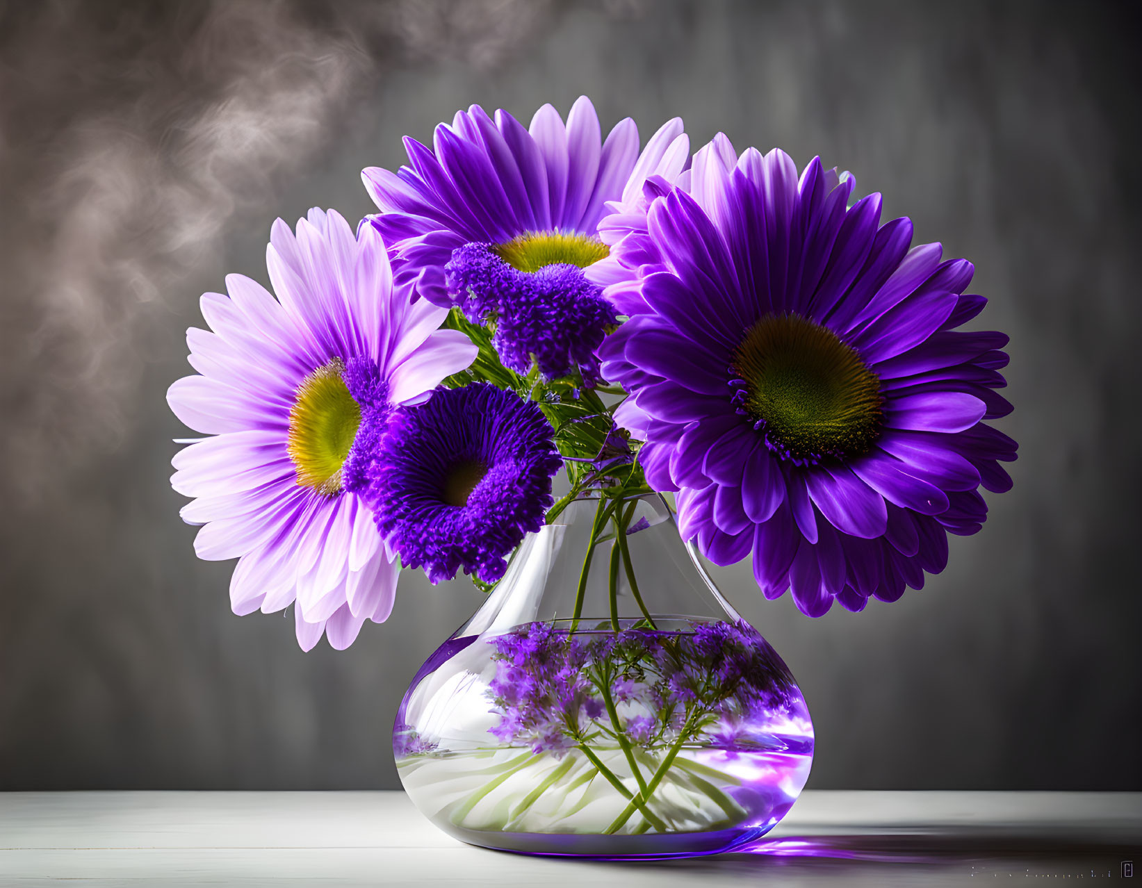 Vivid Purple and Lilac Gerbera Daisies in Clear Glass Vase