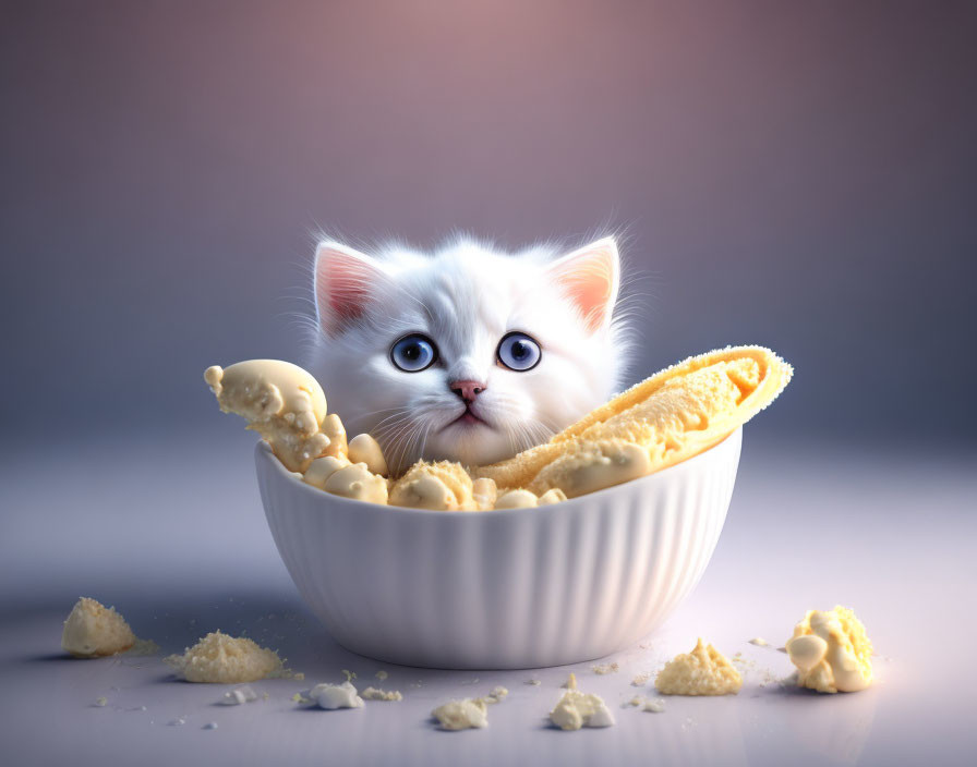 Fluffy white kitten in bowl with cookies and crumbs