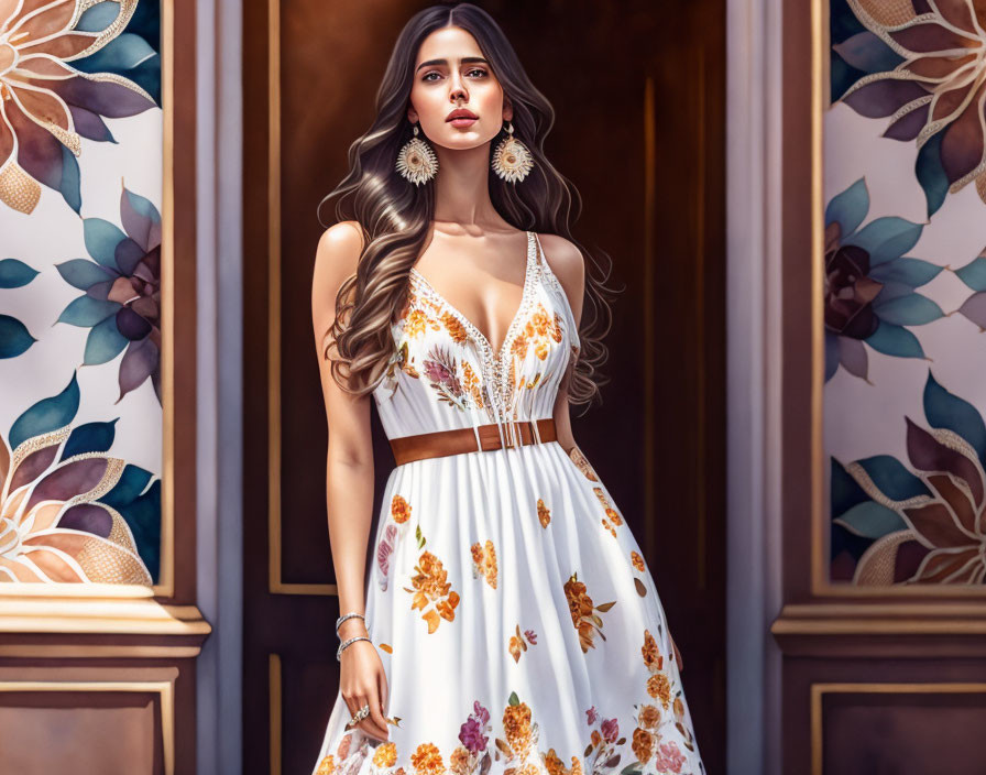 Digital artwork: Woman in white floral dress with long hair, large earrings, and bracelet against ornate