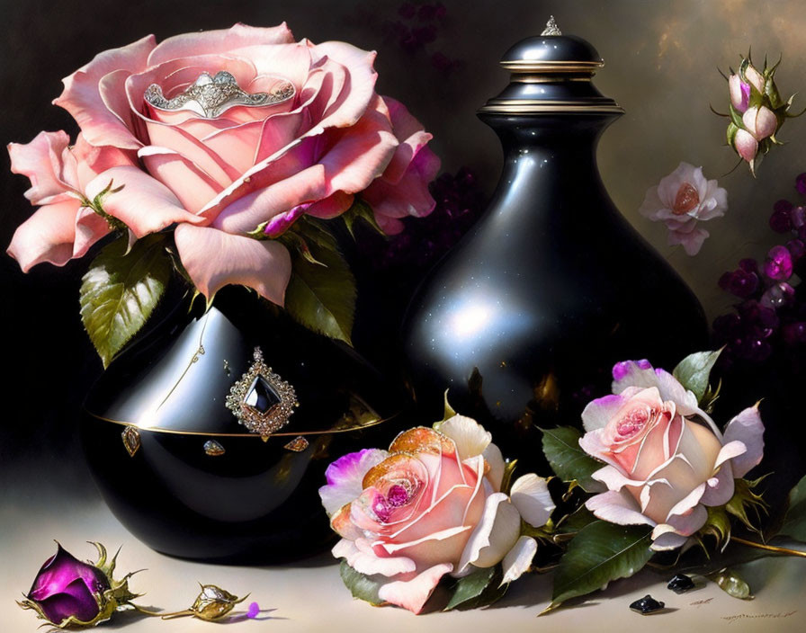 Glossy black vase with pink roses, scattered petals, and luxury jewelry