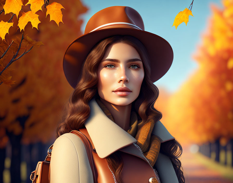 Brown-haired woman in hat, autumnal attire, golden leaves park portrait