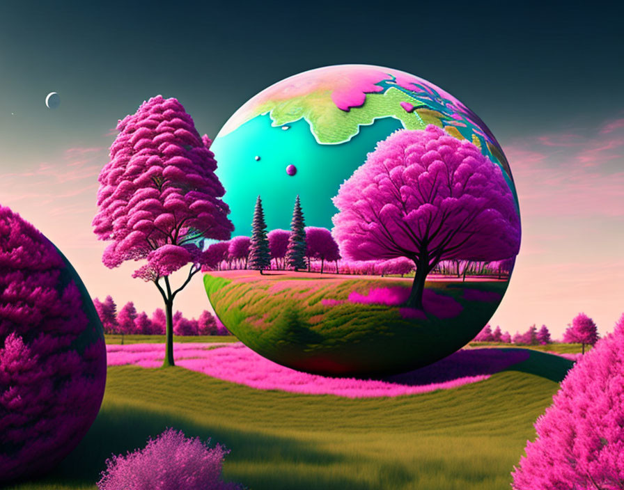 Vibrant pink trees and luminous globe in surreal landscape