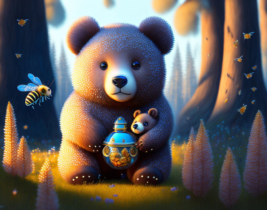 Whimsical digital artwork featuring plush teddy bears and bees