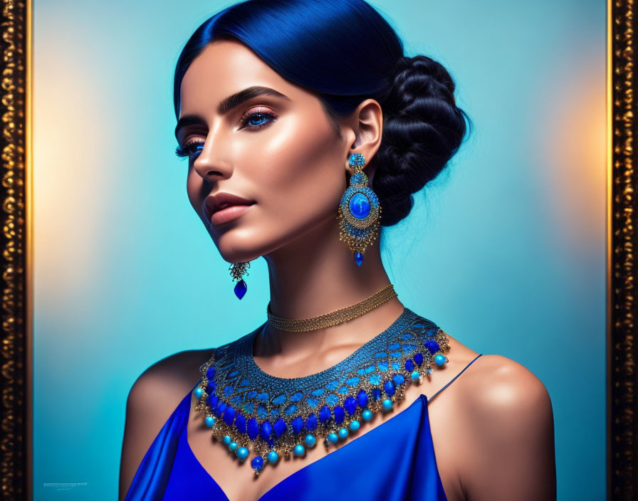 Woman with sleek bun hairstyle in blue statement jewelry and matching outfit against teal backdrop