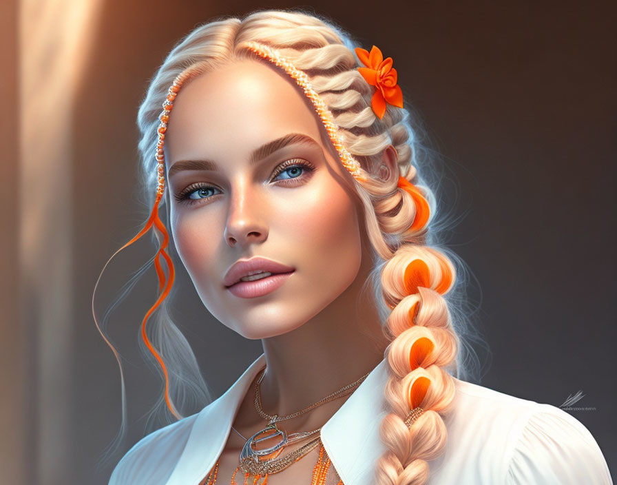 Intricate blonde braids with orange flower and beads on digital portrait