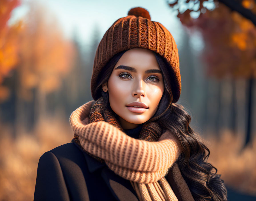 Woman in Brown Hat and Scarf with Long Hair in Autumnal Forest