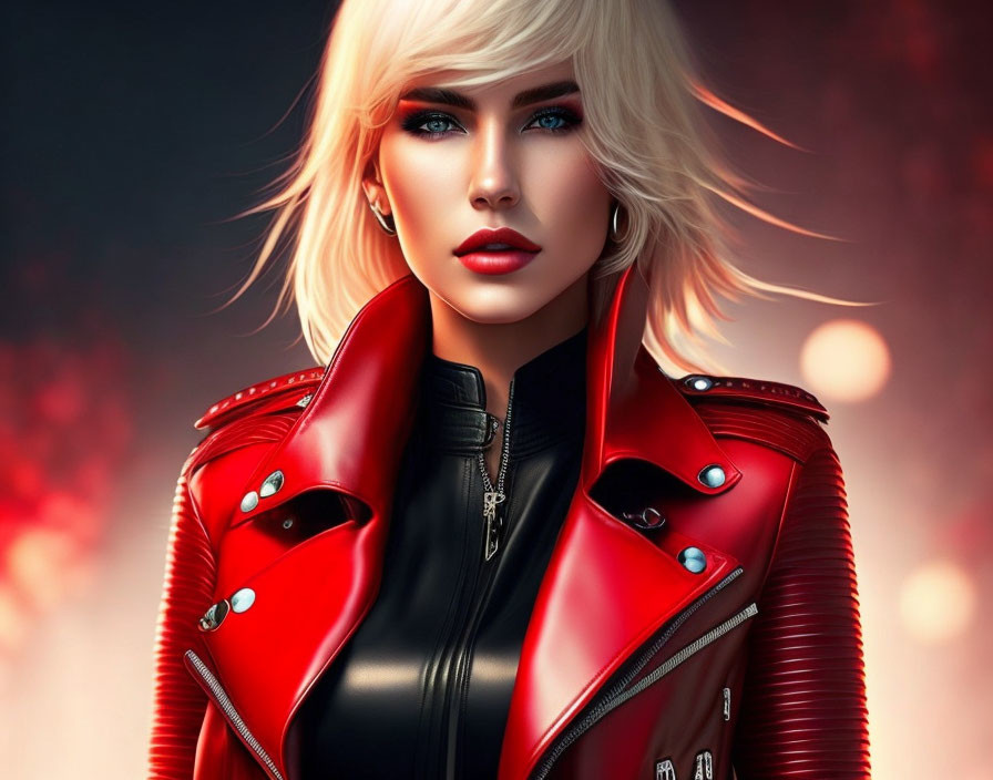 Digital Artwork: Woman with Blue Eyes & Blonde Hair in Red Leather Jacket