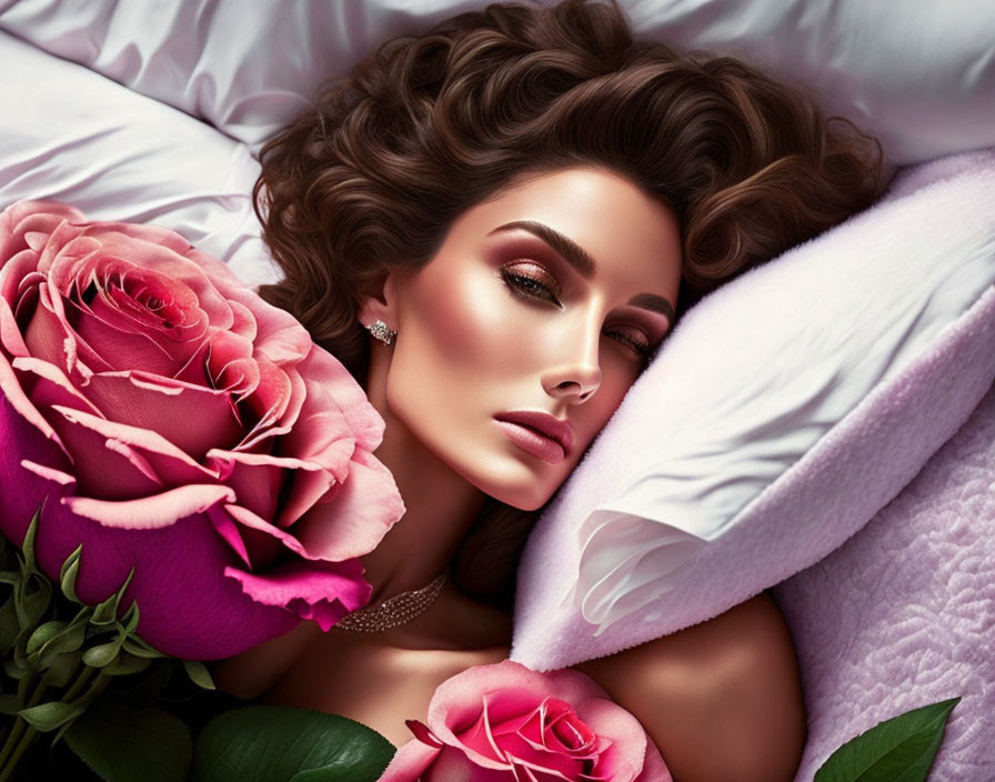 Styled Hair Woman Resting on Bed with Pink Roses: Elegant Tranquility