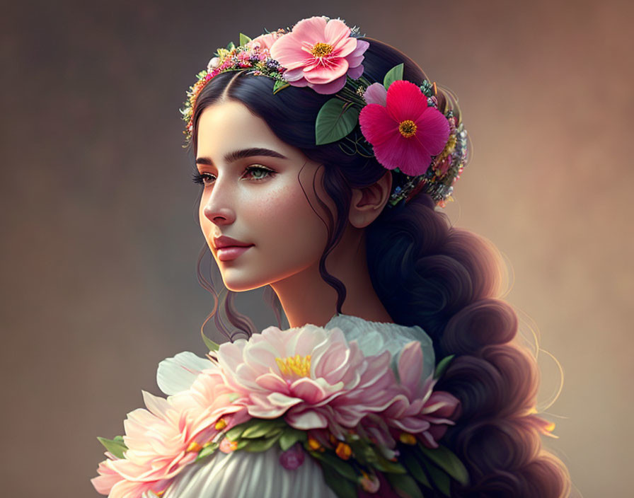 Digital portrait of woman in floral crown and dress against warm backdrop