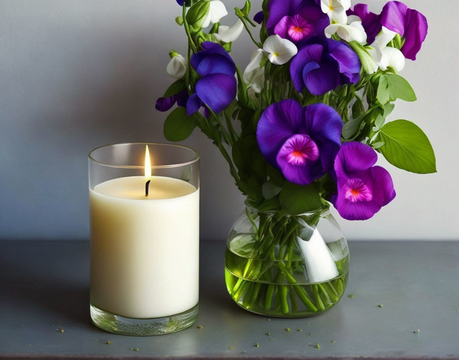 White candle and purple & white flowers on table