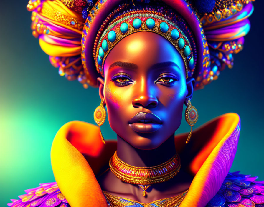 Colorful digital portrait of a woman with intricate headgear and jewelry