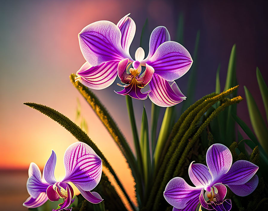 Purple Orchids with White Center and Intricate Patterns on Soft-focus Sunset Background