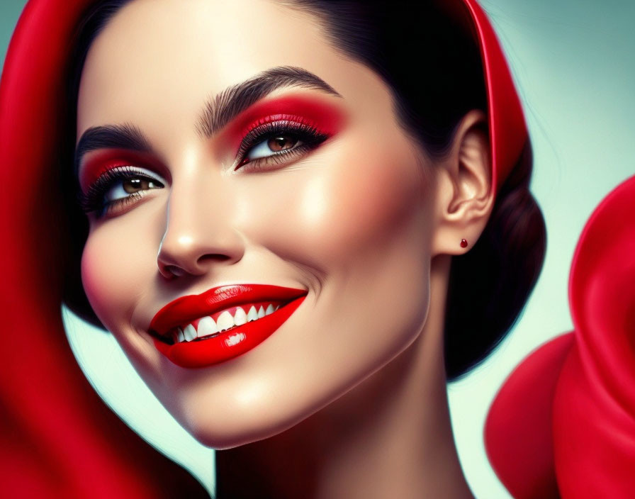 Woman with vibrant red makeup and glowing skin on blurred red background