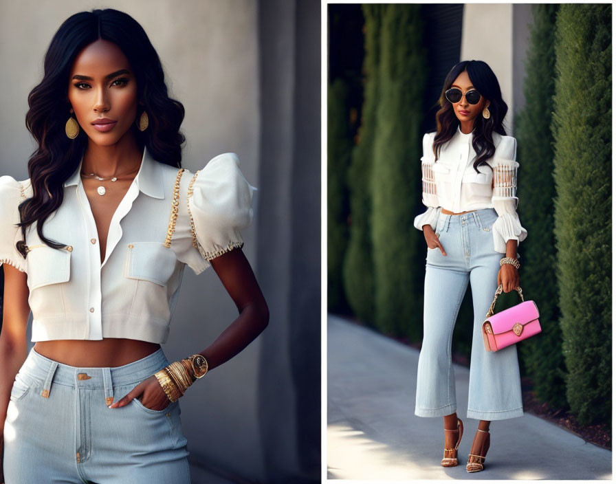 Fashionable woman in white blouse and blue jeans with gold accessories