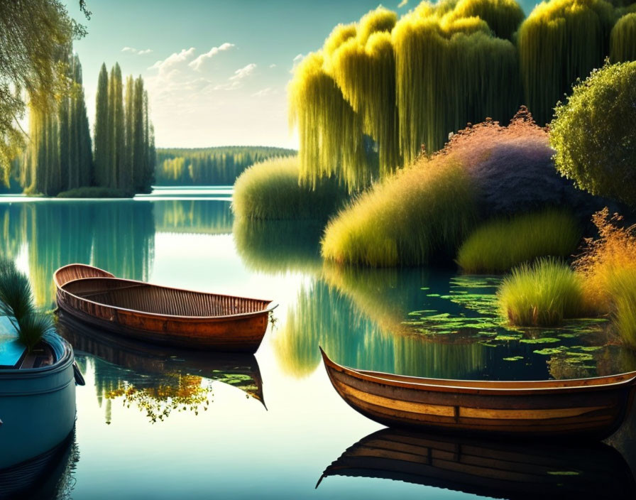 Boats on Tranquil Lake Surrounded by Green Foliage