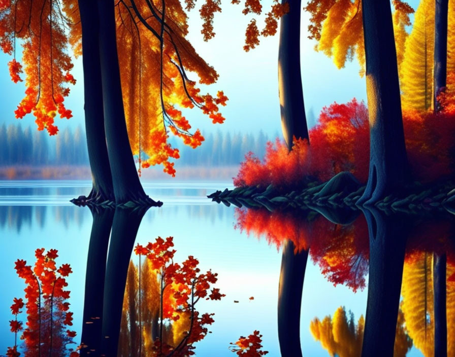 Tranquil autumn landscape with vibrant leaves reflecting in blue lake