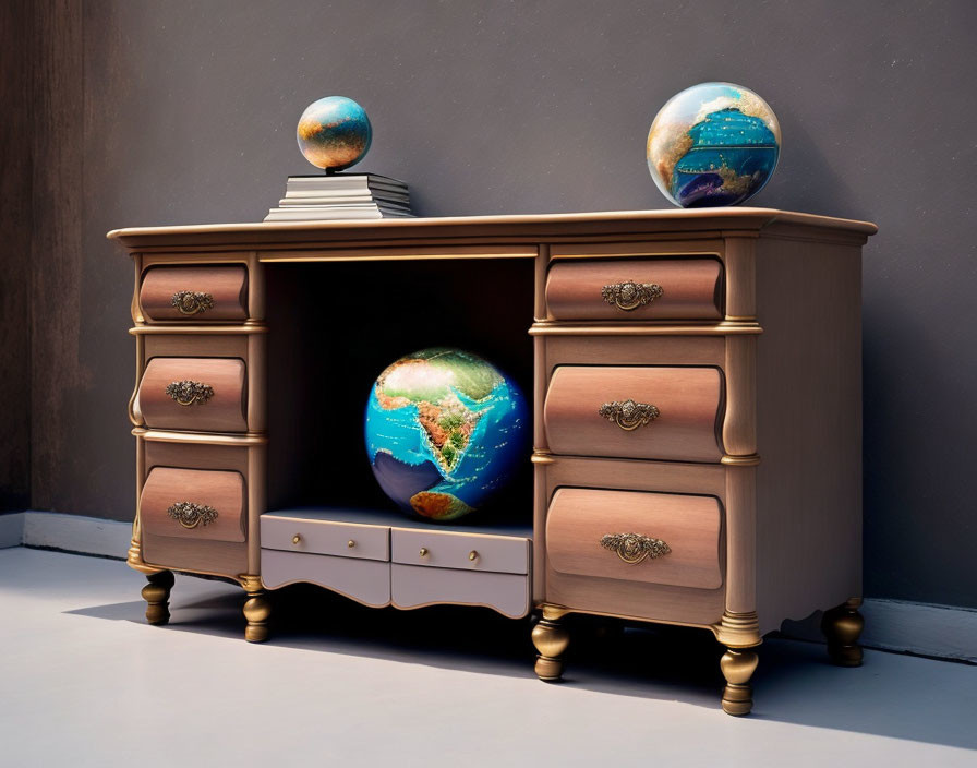 Wooden Dresser with Surreal Earth Globe Drawers & Books