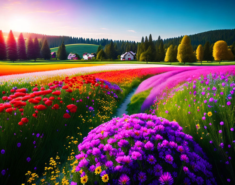 Colorful Flower Field with Path to House Amidst Trees