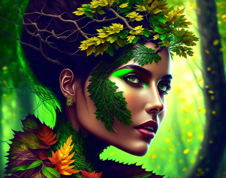 Digital artwork: Woman with leafy hair and autumn leaves, forest background