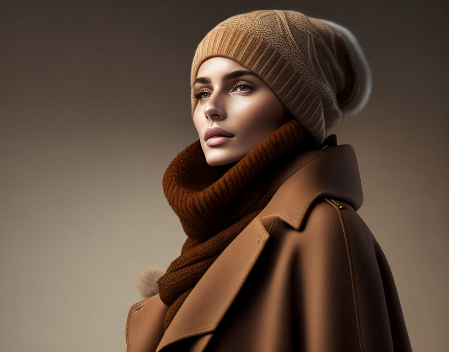 Fashionable Woman in Beige Beanie and Brown Scarf Portrait