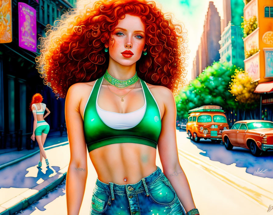 Vibrant digital illustration of woman with red curls in green attire on colorful street