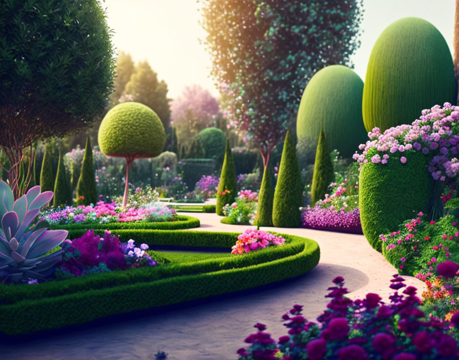 Manicured garden with trimmed hedges, vibrant flowers, and winding path