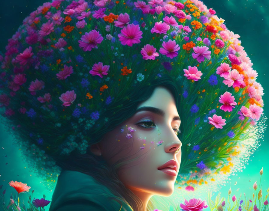 Vibrant digital artwork: Woman with flower bouquet hair in ethereal light