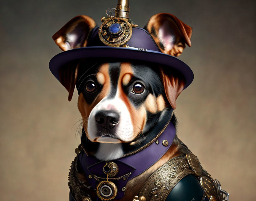 Digital art of dog with human-like features in steampunk attire