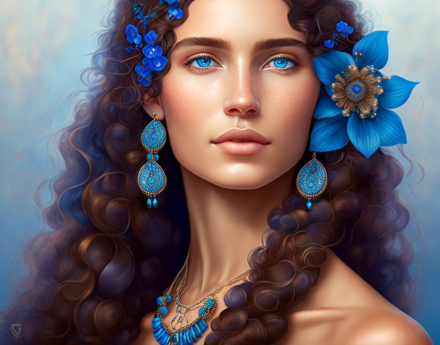 Portrait of woman with blue flowers, striking eyes, curly hair, and turquoise jewelry