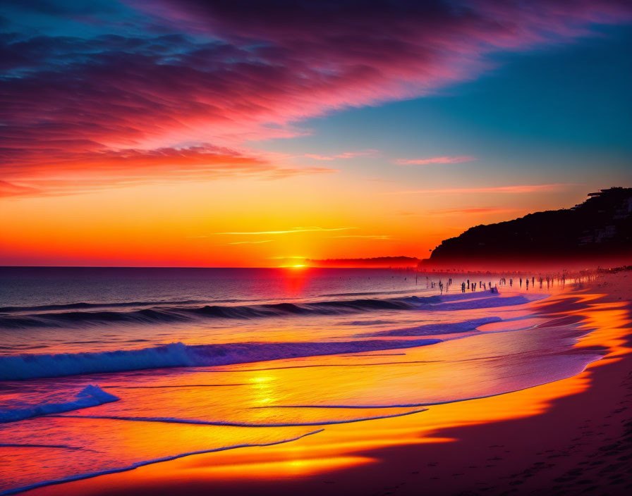 Scenic beach sunset with orange and purple sky reflecting on shoreline